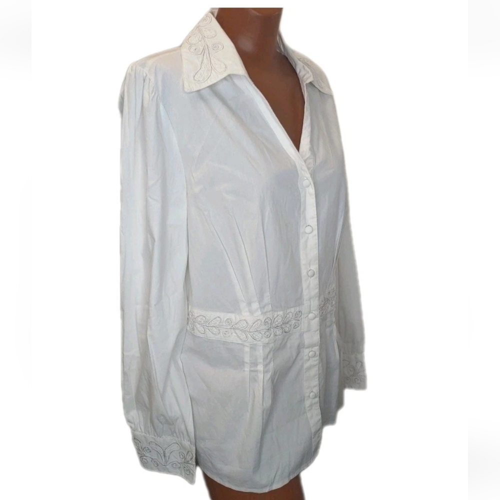 Lane Bryant Blouse Woman 14 16W Embroidered Peasant Boho V-Neck Button White NWT